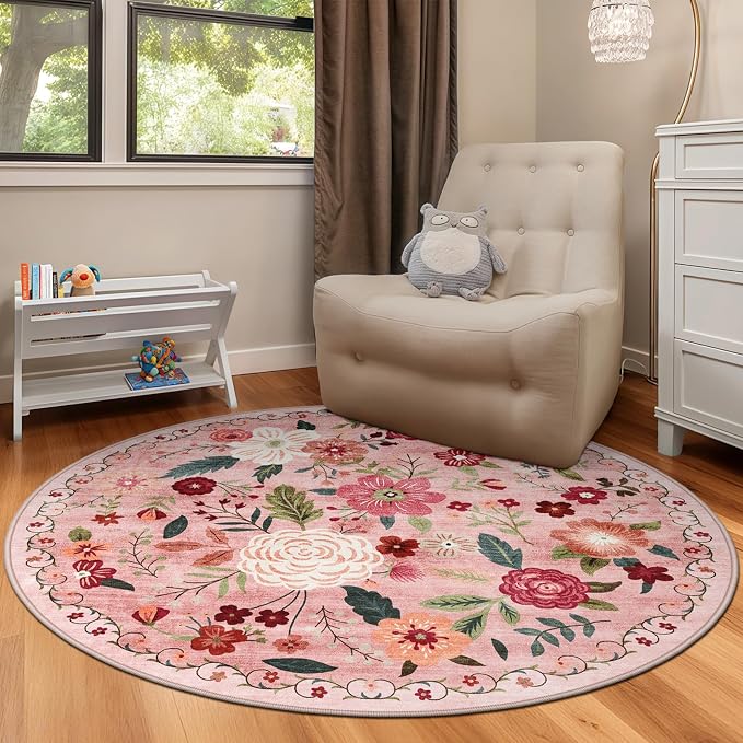 4ft Round Machine Washable Area Rug for Living Room, Dark Pink Vintage Boho Floral Rug Non-Slip Low Pile Soft Faux Wool Carpet Kids and Pets Friendly for Bedroom Nursery Farmhouse Home Decor Rug