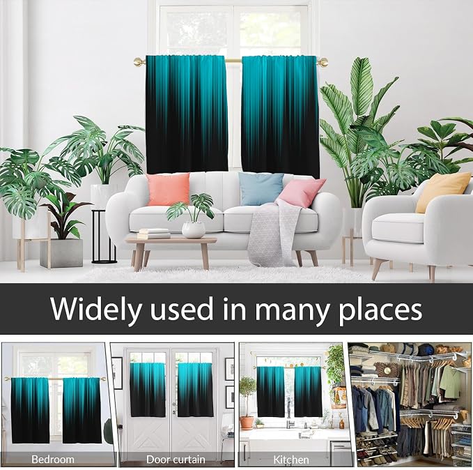 AAtter Teal and Black Kitchen Curtains, Ombre 27.5" W x 45" L, 2 Panels | Turquoise Modern Rod Pocket Bathroom Window Drapes, Dark Abstract Striped Style, Cool Anime Design, Aqua Small Short Tiers