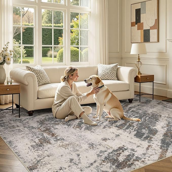 DMOYEST Area Rug Living Room Rugs - 6x9 Large Soft Indoor Neutral Modern Abstract Low Pile Washable Rug Carpet for Bedroom Dining Room Farmhouse Home Office-Dark Brown/Grey