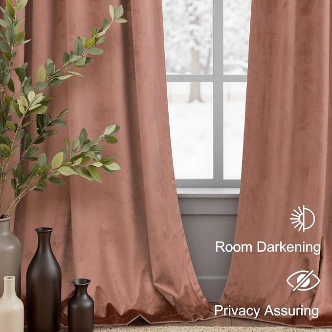 Pitalk 96 Inch Cinnamon Velvet Blackout Curtains Chic Modern Farmhouse Vintage Luxury Back Tab Pleated Thermal Insulated Light Blocking Velvet Drapes for Bedroom Living Room Wide 52x96 in Long 2 Panel