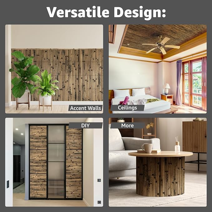 Art3d Natural Bamboo Wall Panel for Interior Wall Decor, Renewable Pole Wrap Wainscoting Paneling for Wall Ceiling Furniture Cabinet Office, 12 x 96 Inch - Dark Burned