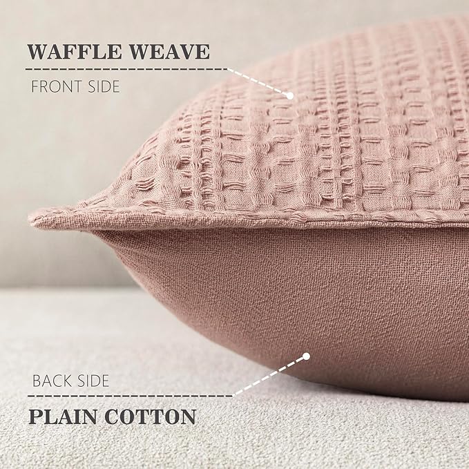 Foindtower Set of 2 Decorative Cotton Waffle Weave Lumbar Throw Pillow Covers Euro Shams Cushion Covers Accent European Pillowcase for Bed Couch Bedroom Living Room Home Decor 12×20 Inch Dusty Pink
