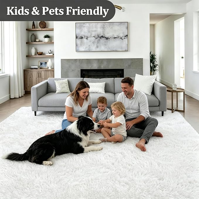 8x10 Area Rugs for Living Room Bedroom: Ultra Soft Fluffy Shag Rug Upgrade Non-Slip Non-Shedding Large Fuzzy Plush Carpet Indoor Floor Carpets for Kids Room Playroom Nursery Dorms Home Decor Ivory