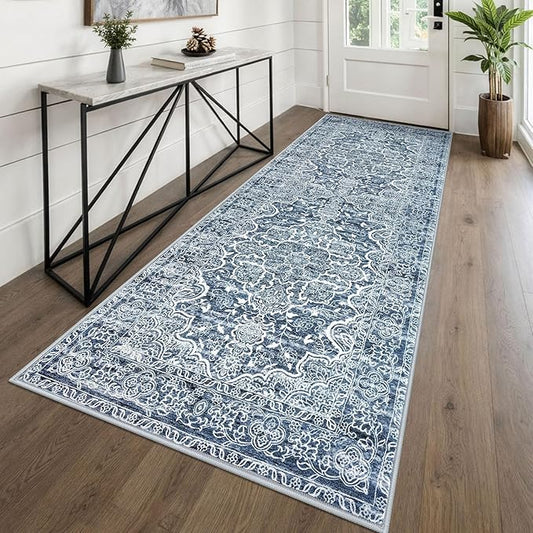 KUTA Vintage Washable Kitchen Runner 3x8, Non Skid Washable 8 ft Blue White Runners, Printed Distressed Floral Area Rugs Ultra Soft Carpet for Bedroom Living Room