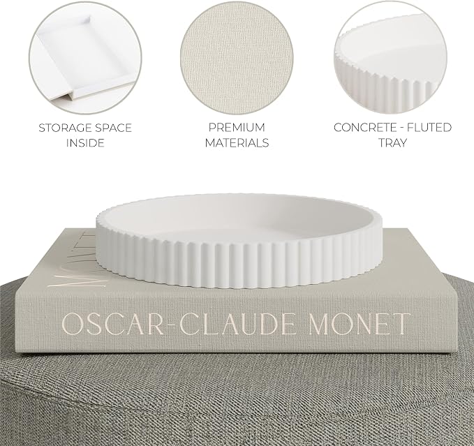 Decorative Concrete Tray & Book Decor Set - Scalloped Tray & Linen Box Enhance Your Coffee Table or Bookshelf Decor - Stylish Home Decoration for Your Living or Dining Room & as a Housewarming Gift