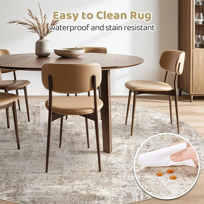 10ft Round Rug Living Room Rugs: 10x10 Washable Circle Large Abstract Modern Soft Stain Resistant Non-Slip Indoor Floor Carpet for Bedroom Nursery Office Dining Room Playroom Home House- Beige Brown