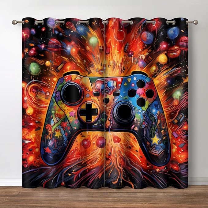 Jekeno Gaming Blackout Curtains Colorful Video Game Graffiti Gamepad Print Drapes Decor Playroom Bedroom Home Apartment Living Room Darkening Grommet Window Treatments 2 Panels Set,42x54 Inch