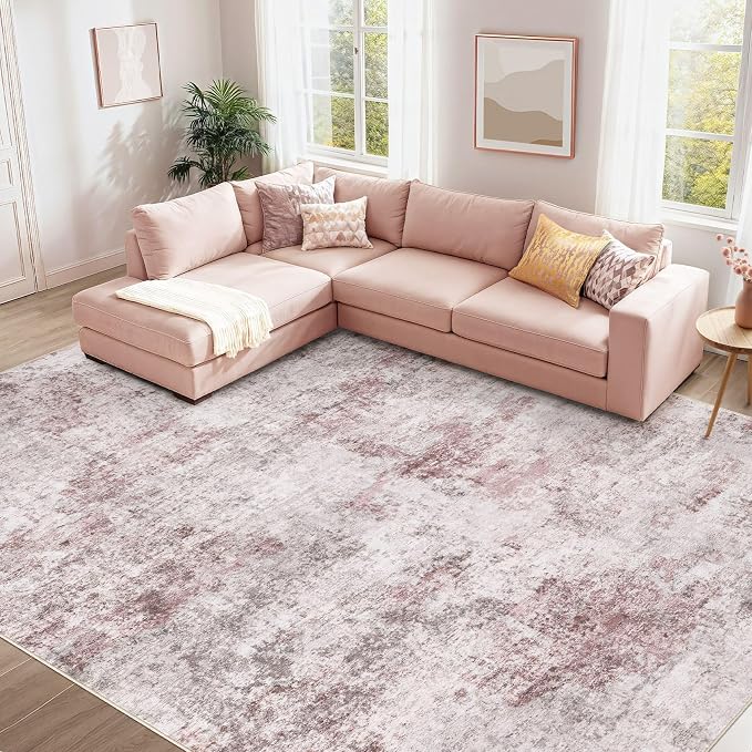 UERMEI 6x9 Washable Area Rug - Neutral Modern Abstract Living Room Rugs, Non-Slip Soft Large Indoor Floor Carpet for Bedroom Home Office & Under Dining Table Decor, Pink Grey