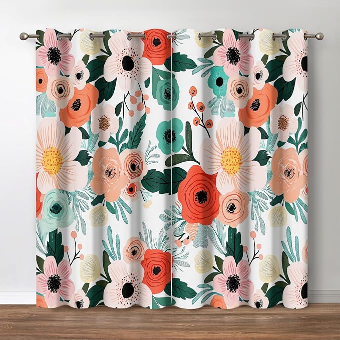 Jekeno Floral Blackout Curtains Colorful Flowers Green Leaves Decor Home Bedroom Living Room Darkening Grommet Window Drapes 2 Panel Set, 52"x63"