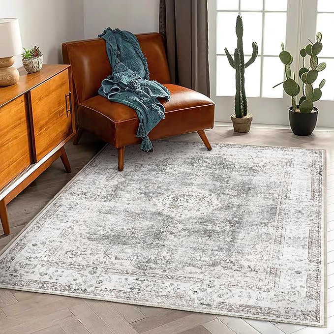 CHAMPLANT Washable Area Rug 3'x5' Vintage Traditional Floor Cover Foldable Thin Rugs Retro Kitchen Indoor Distressed Non Slip Carpet Floral Print Mat Bedroom Living Room