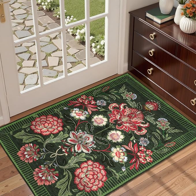 GarveeHome Forest Green Floral 2x3 Door Mat Indoor Rugs for Entryway Small Vintage Boho Cottage Washable Non-Slip Low-Pile Rug for Bedroom Kitchen Bathroom Entrance