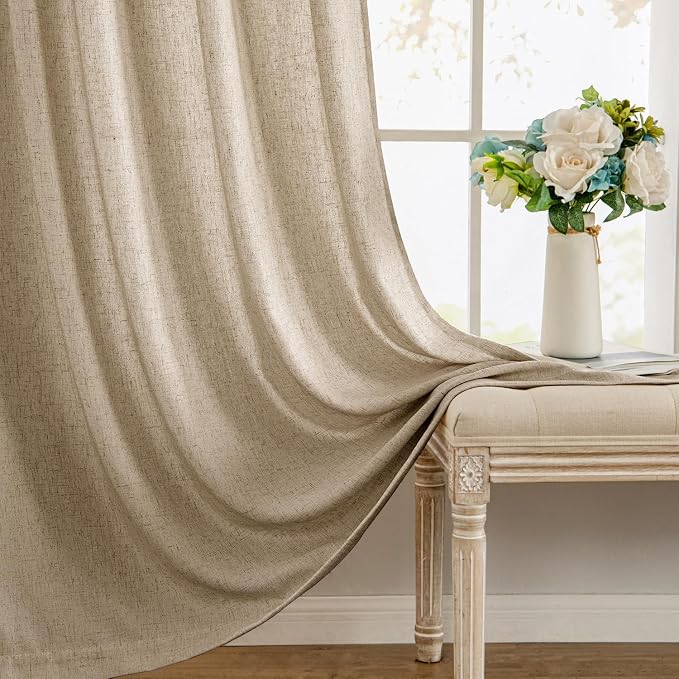 MIULEE Non-See-Through Privacy Linen Curtains 2 Panels, Light Filtering Window Curtains Farn House Textured Back Tab Semi Sheer Drapes for Bedroom Living Room, 52 x 84 Inches Long, Copper Brown