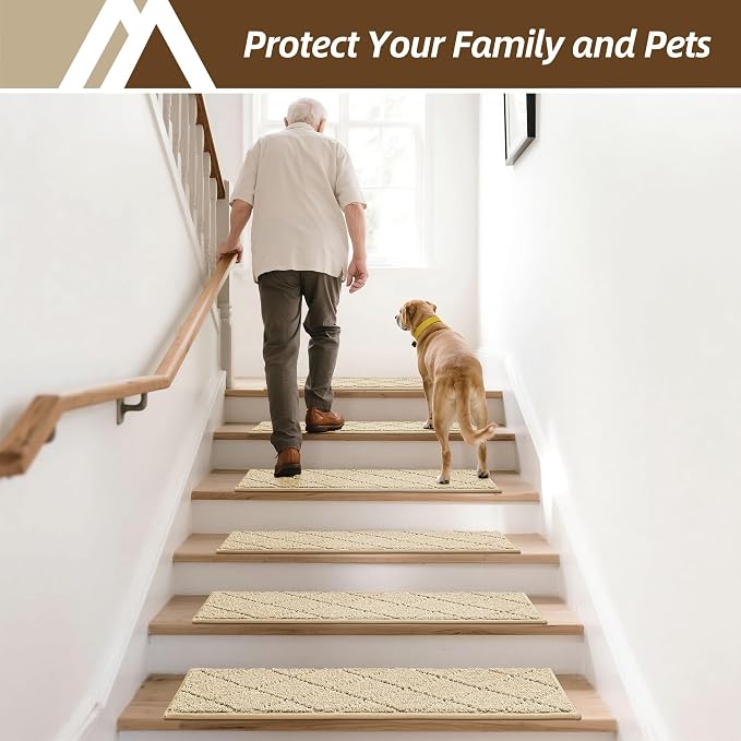 COSY HOMEER Stair Treads for Wooden Steps 9"x28",Washable Non Slip Carpet Stair Treads with Reusable Residue Free Backing Soft Peel and Stick Stair Runner Rugs for Kids Elders Pets,Warm Beige,4pcs
