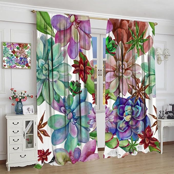 Succulents Tropical Plant Curtain Floral Boho Watercolor Summer Desert Botanical Vintage Garden for Home Kitchen Livingroom Coffee Room Curtains Drapes 2 Panels 52x96in