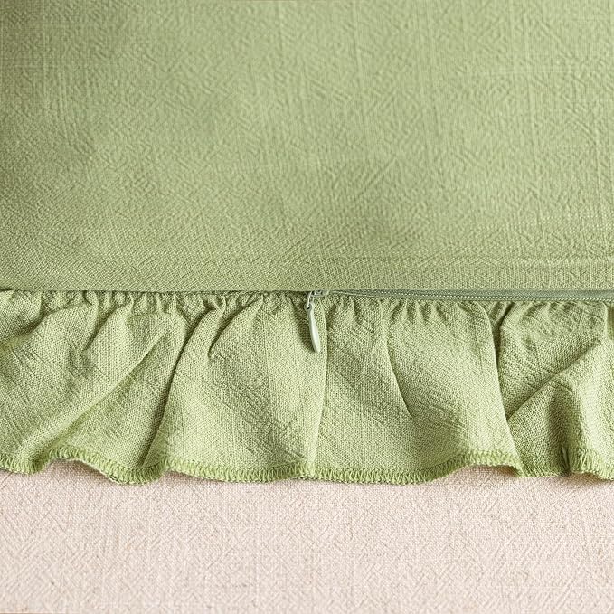 Foindtower Set of 2 Decorative Linen Fringe Ruffle Throw Pillow Covers Soft Boho Farmhouse Cushion Cover Cozy Accent Retro Pillowcase for Couch Sofa Bed Living Room Home Decor,20×20 Inch,Light Green