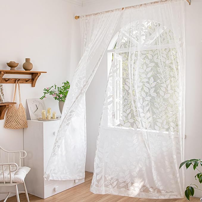 Treatmentex Lace White Sheer Curtains for Bedroom 95 inch Long Country Chic Rose Floral Embroidered Sheer Curtain Panels for Living-Room Leaf Window Drapes 54" w 1 Pair Rod Pocket 96 8ft