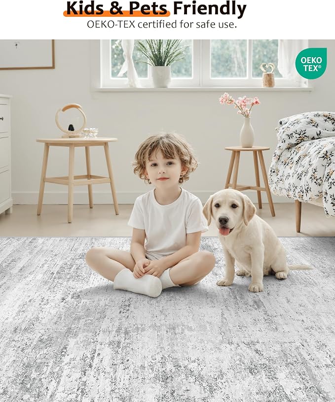 Art&Tuft Washable Rug, Anti-Slip Backing Abstract Area Rugs, Stain Resistant Rugs for Living Room, Foldable Machine Washable Area Rug(6'x9', 01-Grey)