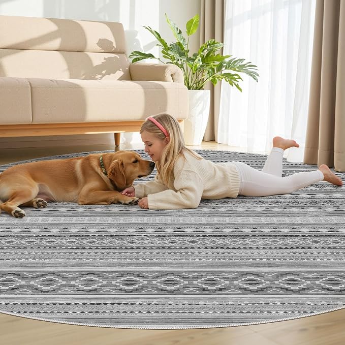 cotiled 8x8 Round Area Rugs Living Room Rug: Washable Boho Rugs with Non Slip Backing Large Soft Indoor Stain Resistant Carpet for Bedroom Farmhouse Dining Room Lightweight Home Decor Beige Grey