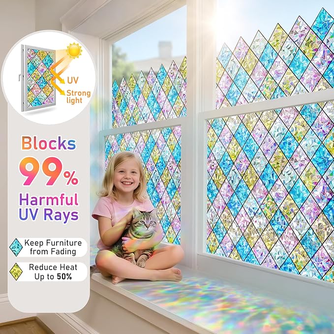 Sunbaby Window Privacy Film Stained Glass Decorative Rainbow Window Cling 3D Static Clings Colorful for Home Decoration, Anti-UV & Heat Control Non-Adhesive (17.5"x78.7")