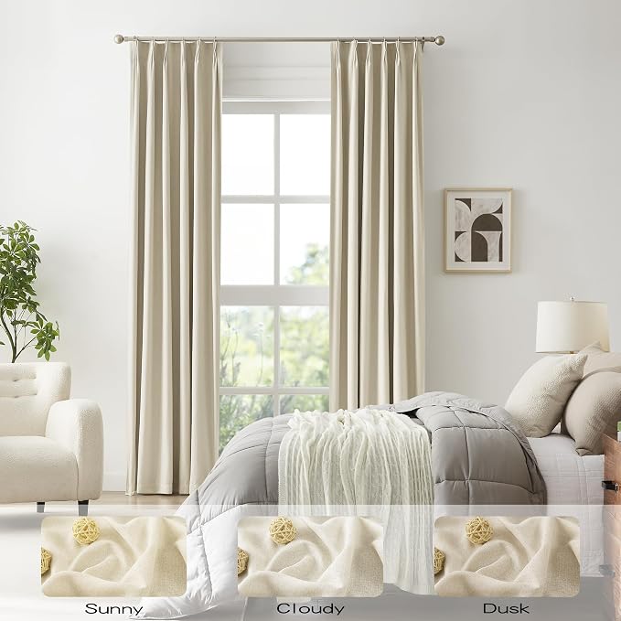 Exra Long Blackout Curtains for Large Window 144 Inch 12ft, Back Tab Pleated Drapes with Hooks, Farmhouse Curtains 2 Panels for Living Room Dining Room Cottage 40 Wide x 144 Long Natural Birch