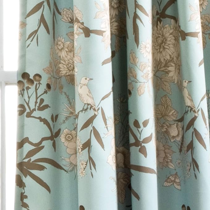 Lush Decor Botanical Garden Curtains Floral Bird Print Light Filtering Window Panel Drapes Set for Living, Dining, Bedroom (Pair), Blue, 52"W x 84L"