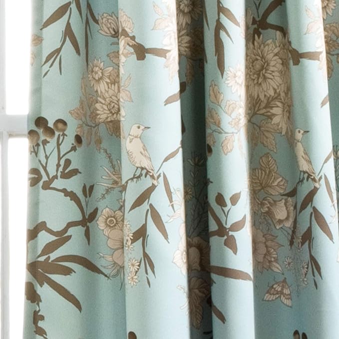 Lush Decor Botanical Garden Curtains Floral Bird Print Light Filtering Window Panel Drapes Set for Living, Dining, Bedroom (Pair), Blue, 52"W x 108L"