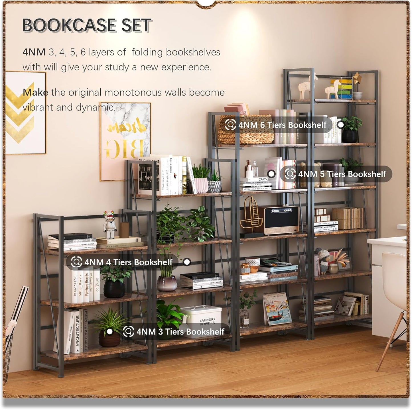 4NM No Assembly Foldable Bookshelf, 6-Shelf Collapsible Bookcase Storage for Small Spaces, 74" H, Rustic Brown and Black