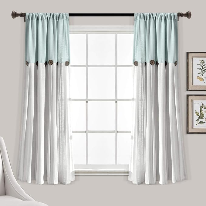 Lush Decor Linen Button Window Curtain Panel, Single, 40" W x 63" L, Blue & Off White - Country Curtains - Rustic Decor - Color Block Modern Farmhouse Curtains For Living Room, Bedroom & Dining Room