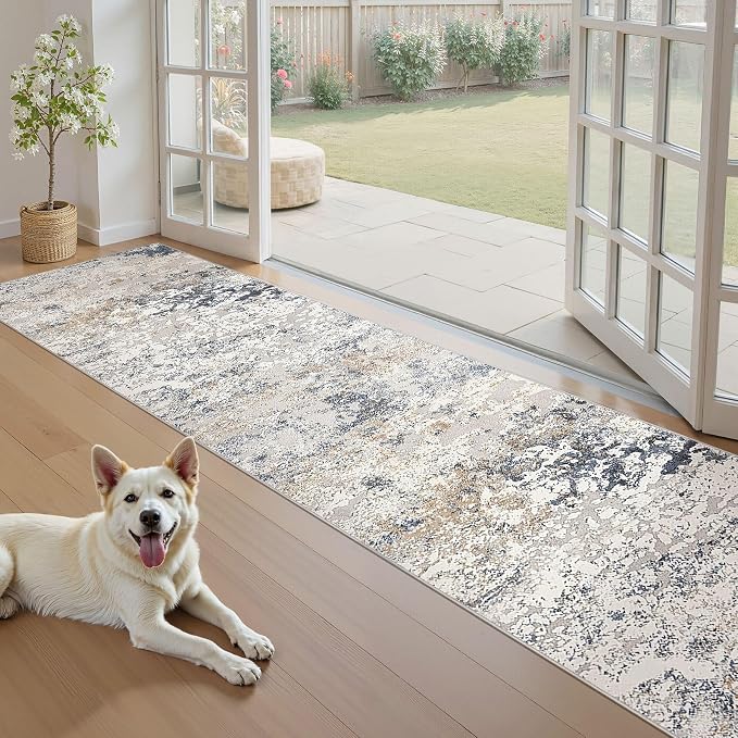 DMOYEST Washable Runner Rug for Hallway: 2.6x10 Neutral Modern Abstract Low Pile Area Rug with Non-Slip Backing - Carpet for Bedroom Kitchen Laundry Entryway Bathroom Indoor - Beige Blue