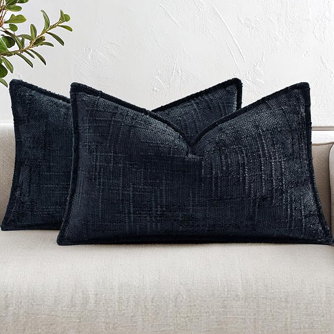decorUhome Chenille Throw Pillow Covers 12x20 Set of 2, Thick Textured Slubby Neutral Decorative Pillow Covers with Elegant Design for Couch, Sofa, Living Room, Midnight Blue