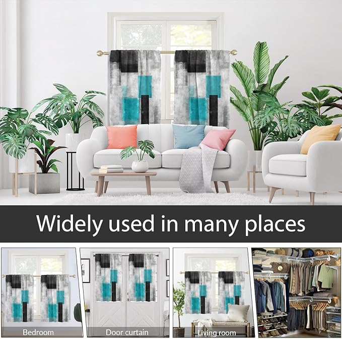 AAtter Teal Black and Grey Window Curtains for Kitchen Turquoise Gray Aqua White Silver Geometric Small Short Home Living Room Bedroom Bathroom Drapes Treatment Fabric 1 Pair, 27.5" W x 45" L, Modern