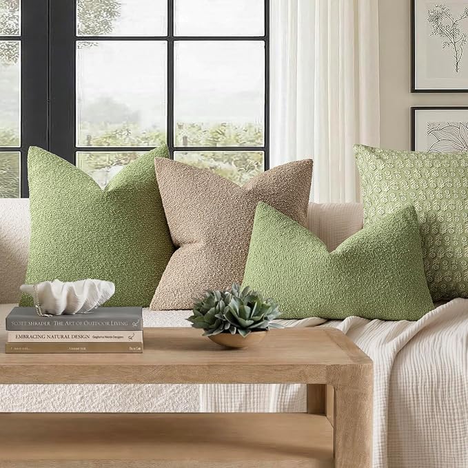 Foindtower Set of 2, Decorative Textured Boucle Throw Pillow Covers Accent Solid Pillow Cases Neutral Cozy Couch Cushion Case for Chair Sofa Bedroom Living Room Home Decor 26x26 Inch Leaf Green