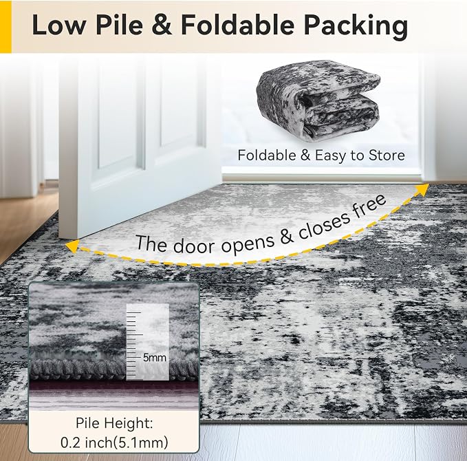 RELEANY Washable Area Rugs Square 8ft Non-Slip Modern Abstract Soft for Living Room Entryway Bedroom Kitchen, Print Pattern, Black Navy Blue Gray