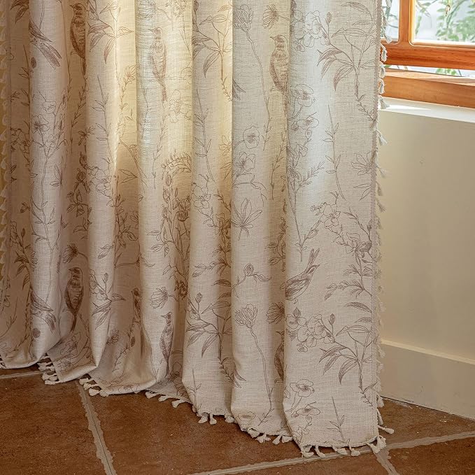 OYX Boho Curtains, Floral Curtains Beige with Garden Birds, Farmhouse Birds Drapes 96 Inches Length Semi Sheer, Rod Pocket Vintage French Country Window Curtain Set 2 Panels for Kitchen, Bedrooms