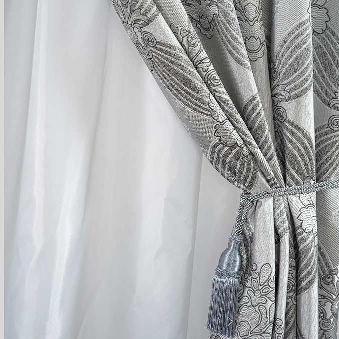 Petrichor Elegant Curtains with Gold Silver Threads 2 Panels Set - Luxury Window Treatment Attached Valance, Sheer Backing, and 2 Tie Backs for Bedroom and Living Room, 54x95 inches, Silver