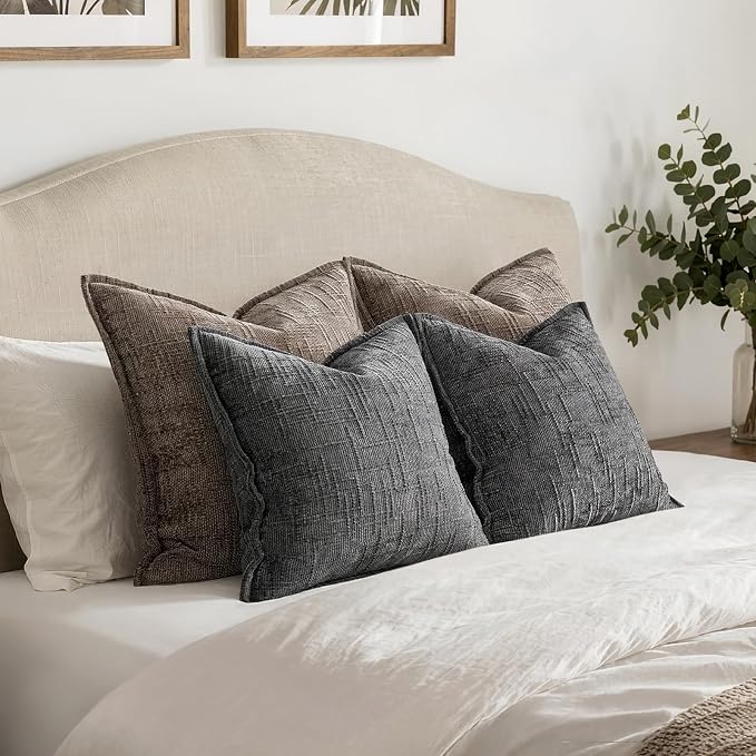 MIULEE Slubby Textured Decorative Throw Pillow Covers 18x18 Inch Set of 2 Boho Farmhouse Soft Cozy Chenille Pillows Cushion Cases Modern Home Decor for Couch Sofa Bed Living Room, Dark Grey