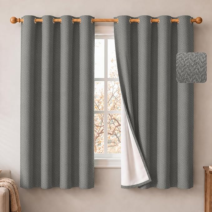 2 Panels 100% Blackout Linen-Textured Curtains, Thick Thermal Insulated Grommet Drapes with Subtle Herringbone Weave, Luxury Decor for Bedroom/Living Room, 54 x 54 Inches, Grey