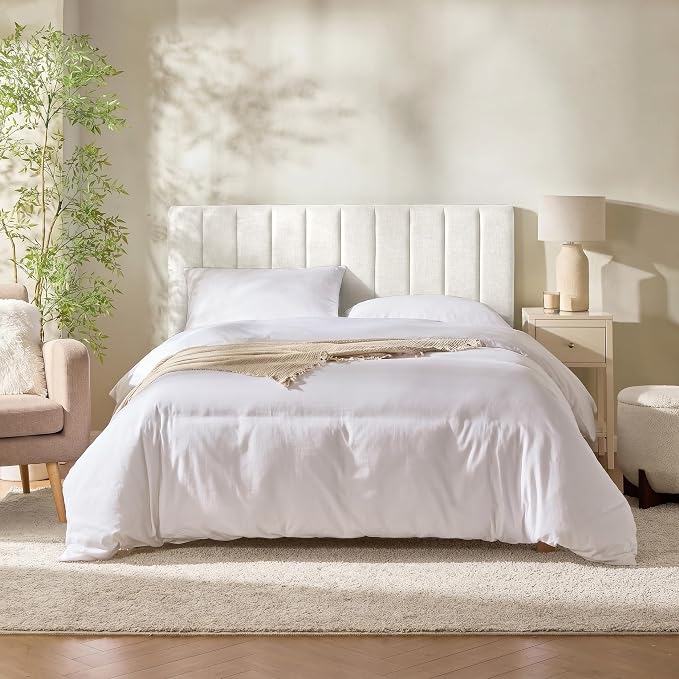 Hearth & Harbor Upholstered Queen Headboard - Easy Assemble Channel Stitched Headboard Queen Size - Wall Mounted Headboards with 3D Soundproof Wall Panels Peel & Stick Floating Headboards, Off White