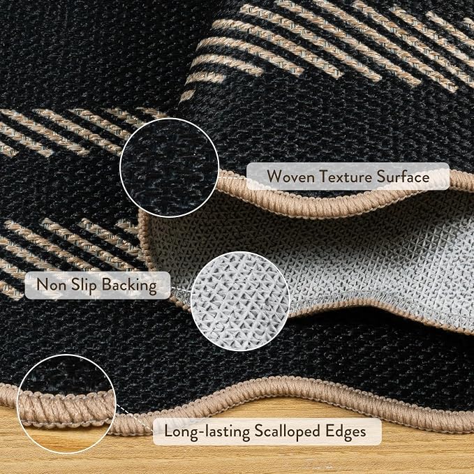 LIVEBOX Scalloped Easy Jute 2x3 Kitchen Rug, Black Front Door Mat Small Indoor Outdoor Rug for Entryway, Washable Non Slip Farmhouse Area Rugs, Tan Neutral Carpet Doormat for Porch Doorway Foyer