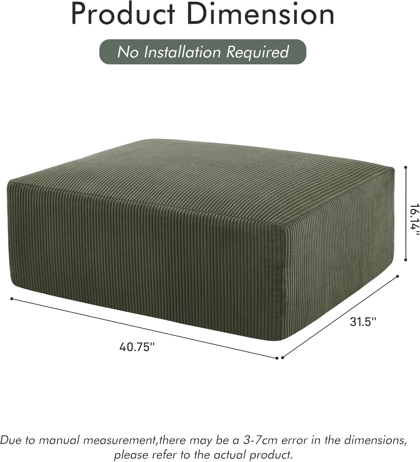 40" Square Stuffed Ottoman Pouf for Sofa Couch, Corduroy Poufs with Foam Chunk Filling, Furry & Fluffy Foot Stool Movable Ottoman. 40 * 31 Floor Poufs Foot Rest for Living Room, Green