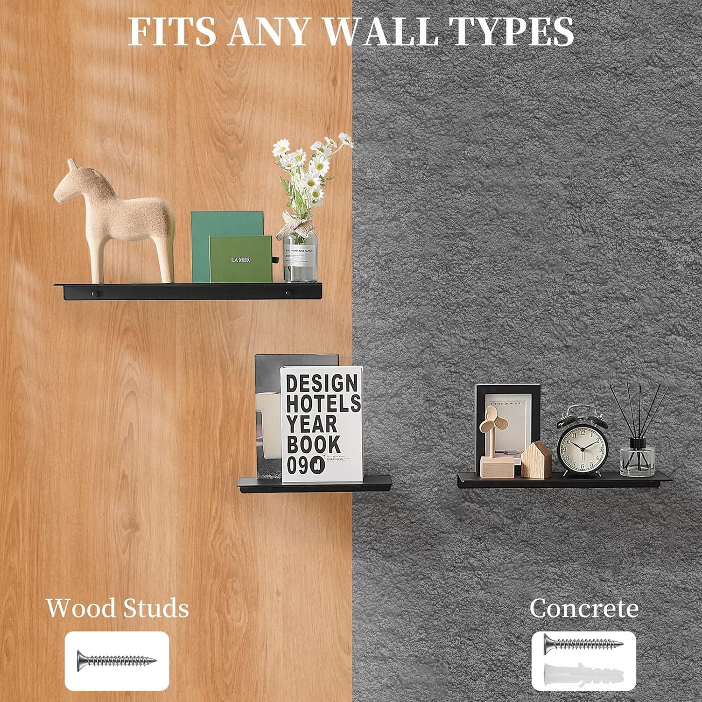 JOOM Metal Wall Shelf, Black Floating Shelf, Small Bathroom Shelf, 16" Display Shelves for Wall Storage (Black, 16 in)