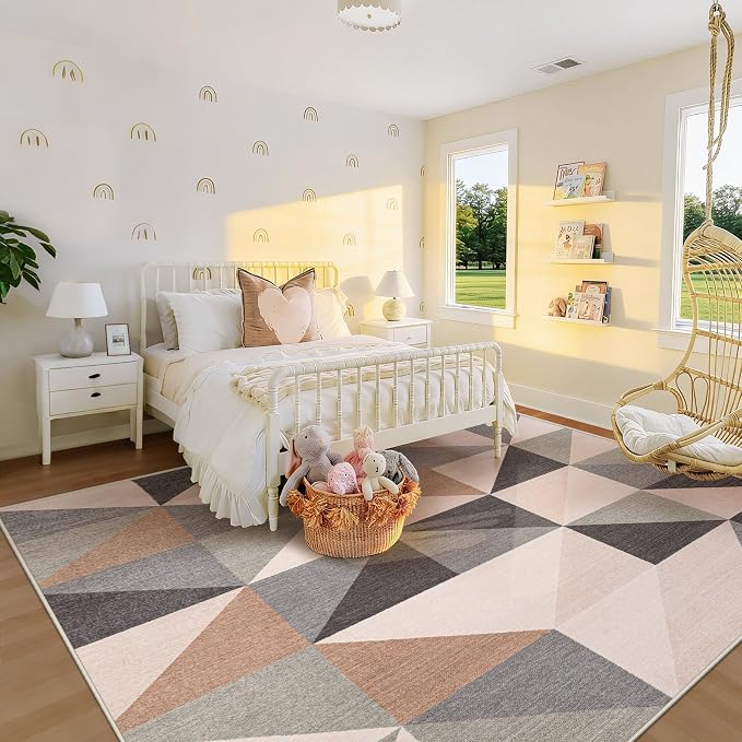 Washable Rug 8x10 Area Rugs: Modern Geometric Area Rug for Living Room Non-Slip Neutral Soft Carpet Low Pile Stain Resistant Indoor Rugs for Bedroom Nursery Dining Room Office (Beige Brown, 8'X10')