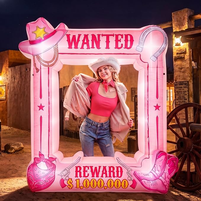 Soulchen 6 x 5 ft Pink Western Wanted Inflatable Decoration with Led Lights and Built-in Blower Perfect for Cowboy Party Decor Western Themed Birthdays and Vintage Country Events