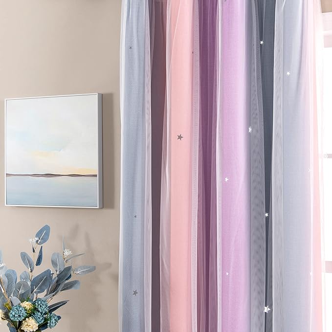 XiDi Curtains for Bedroom Decor, Rainbow GreyPinkPu-34-96