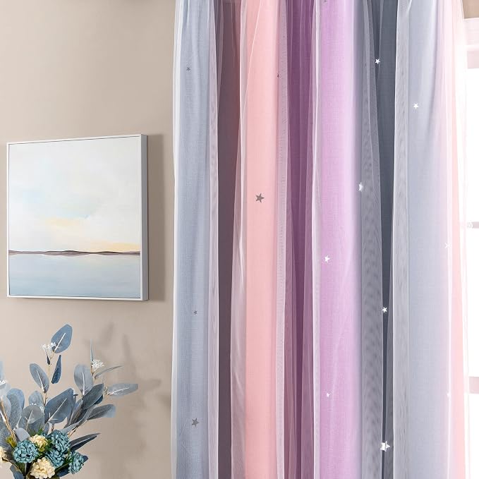 XiDi Curtains for Bedroom Decor, Rainbow GreyPinkPu-52-45