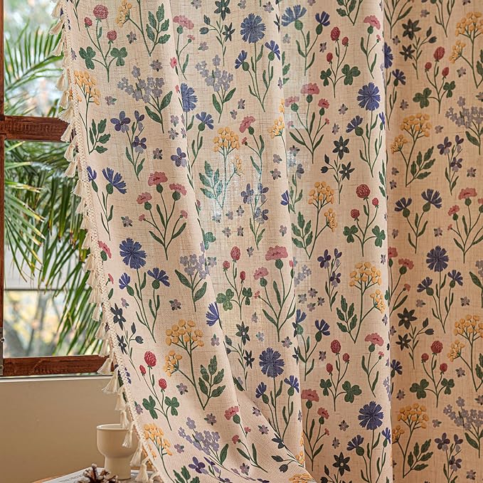 Deeprove Boho Curtains 63 Inches Length 2 Panels with Tassel, Colorful Herbs Florals Print Textured Window Drapes for Living Room Bedroom Farmhouse Country Chic Style Privacy, 52W x 63L
