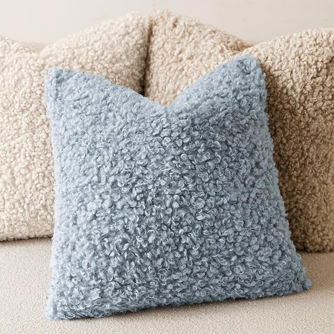 Foindtower 2 Pieces 16x16 Inch Misty Blue,Faux Fur Throw Pillow Cover Accent Sherpa Furry Pillow Covers Fuzzy Soft Pillowcases Cozy Sheepskin Decorative Fleece Cushion Case for Bed Couch Living Room