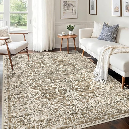 KUTA Vintage Area Rug 5x7 Beige Brown, Washable Rugs for Living Room Soft Non-Slip Printed Distressed Tribal Traditional Farmhouse Carpet for Bedroom Dining Room Dorm Office Home Decor