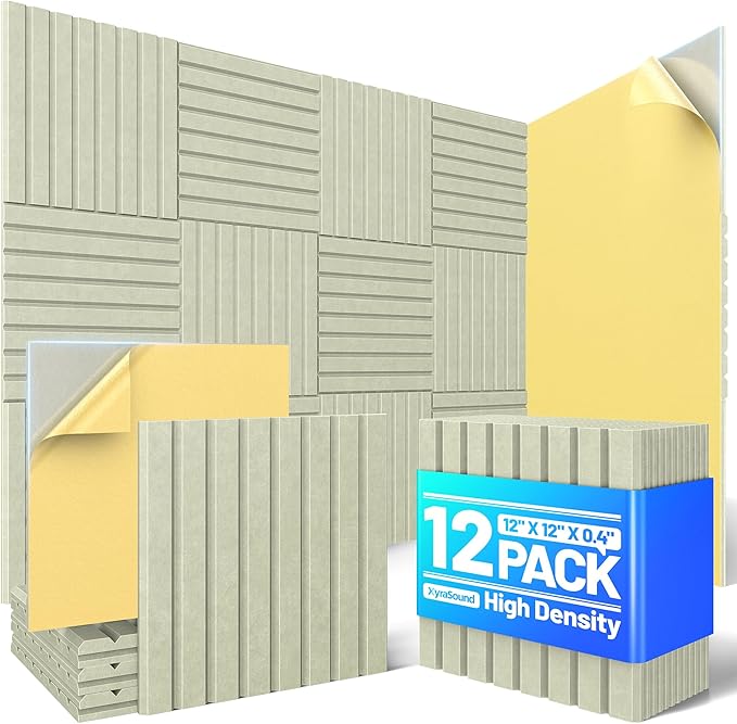 12 Pack Sound Proof Foam Panels for Walls, Acoustic Panels with Self-Adhesive 12" X 12" X 0.4" Slatted Soundproof Wall Panel, High Density Sound Absorbing Panel for Gaming Recoding Studio Decor-Sage