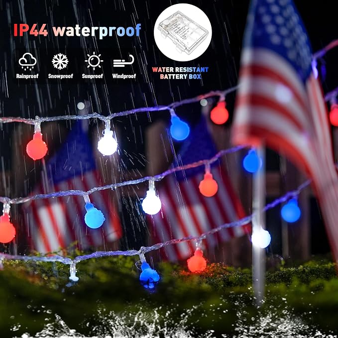 JMEXSUSS 33ft 100 LED Red White and Blue Lights Battery Operated | 4th of July Lights Outdoor Waterproof, String Light for Independence Day Memorial Patriotic Day Decor